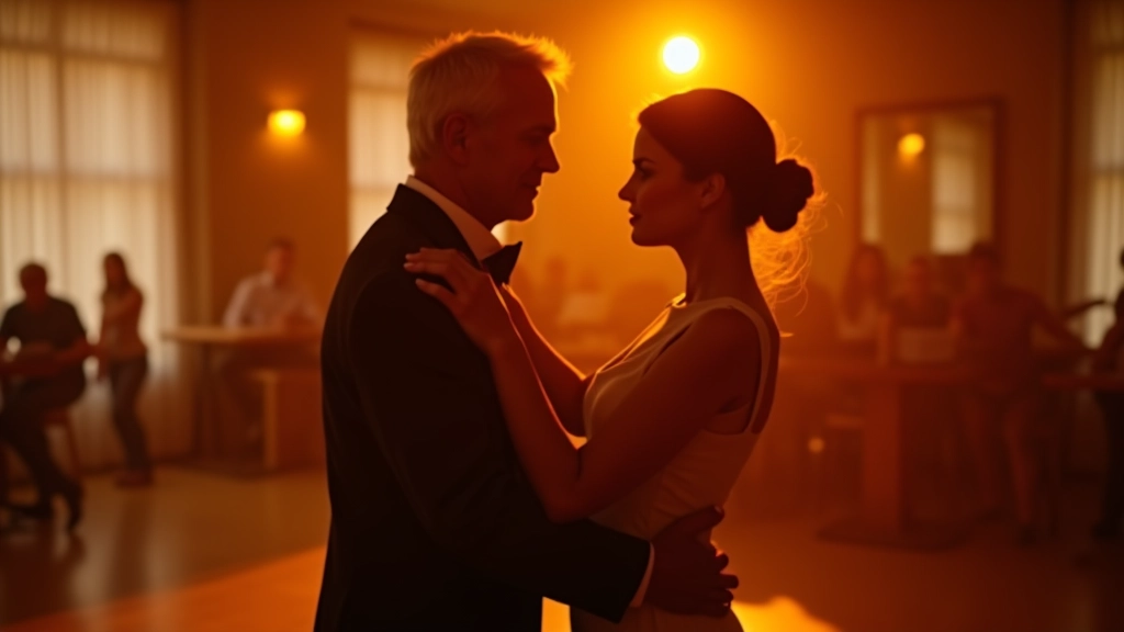 Mature dancers enjoying Latin music at an evening social event with warm ambient lighting