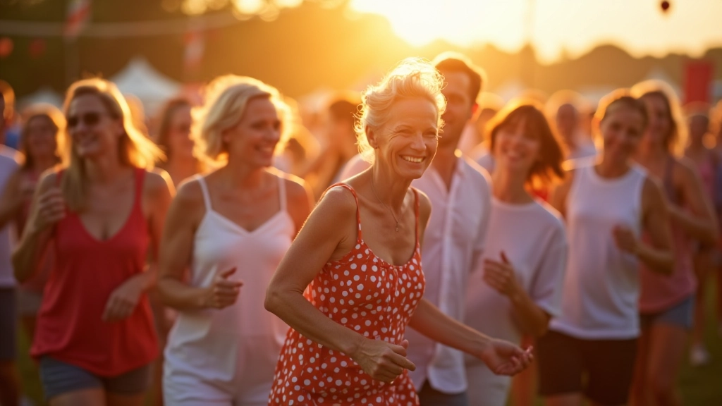 Group of mature dancers enjoying outdoor festival during summer season