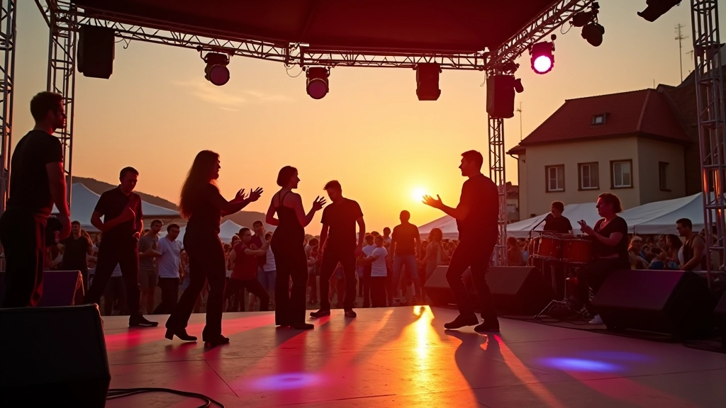 Festival stage setup with dance floor and musicians in town square at golden hour
