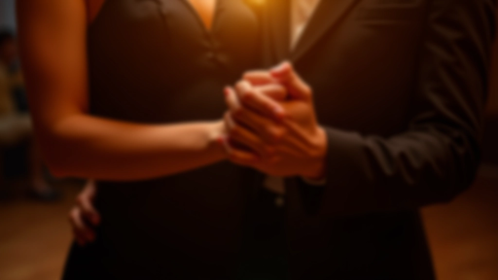 Hands holding in bachata dance position with elegant Latin music ambiance