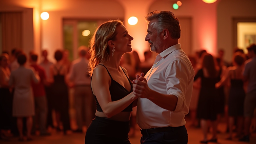 Mature dancers in dance hold position at indoor festival, evening lighting