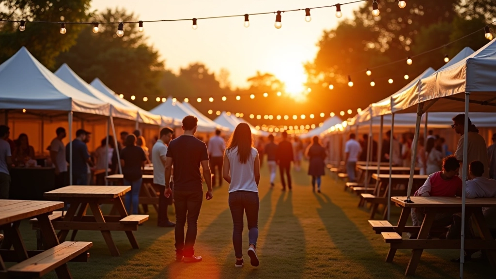 Outdoor festival setup with vendors, seating areas, and evening lighting as sun begins to set