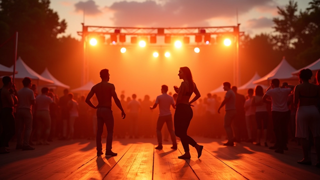 Outdoor summer festival stage with colorful lights and people dancing at sunset