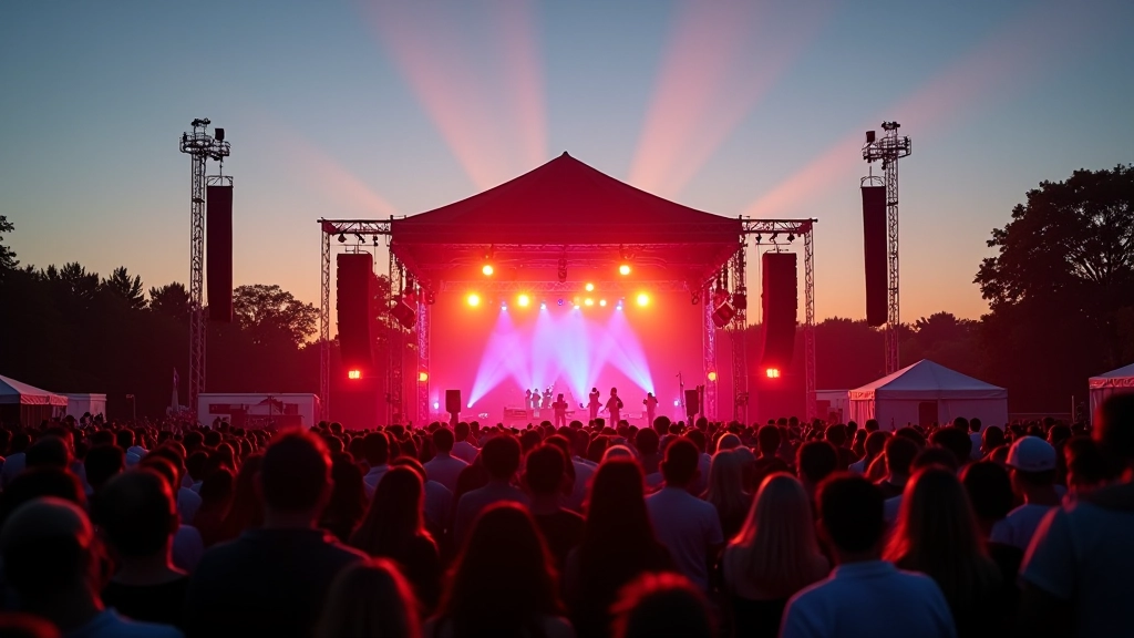 Outdoor summer dance festival in Latvia with decorations and stage lighting during evening golden hour