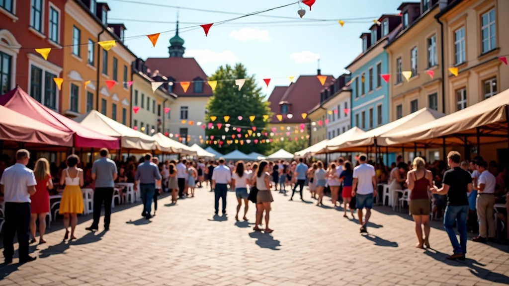 Historic town square with festival banners and dance floor in traditional Baltic setting