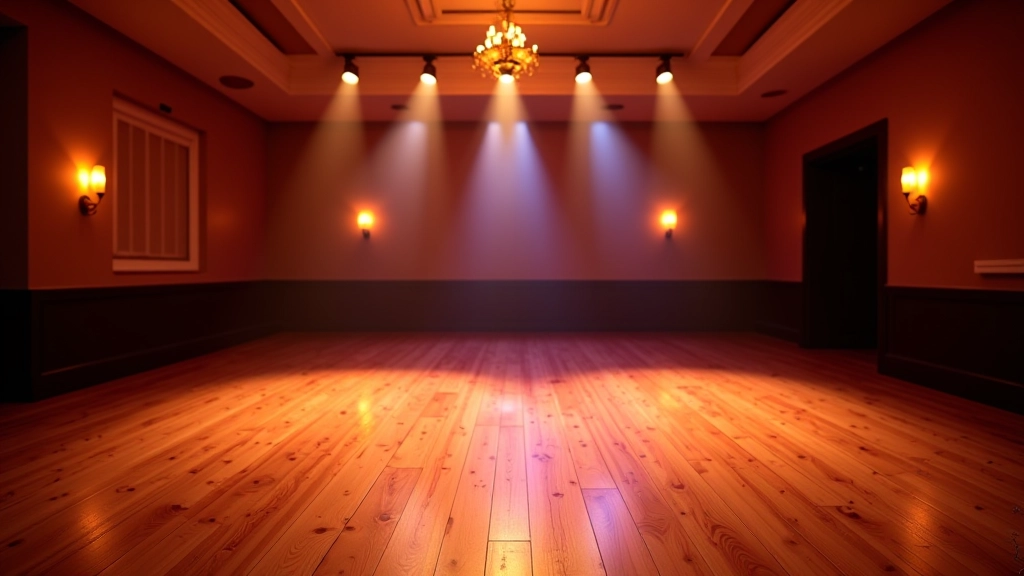 Modern dance hall interior with polished wooden floor, professional lighting, and elegant beachside resort setting, warm ambient lighting