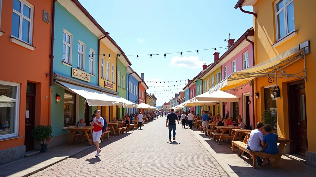 Coastal town street with colorful buildings and festival decorations, Baltic architecture